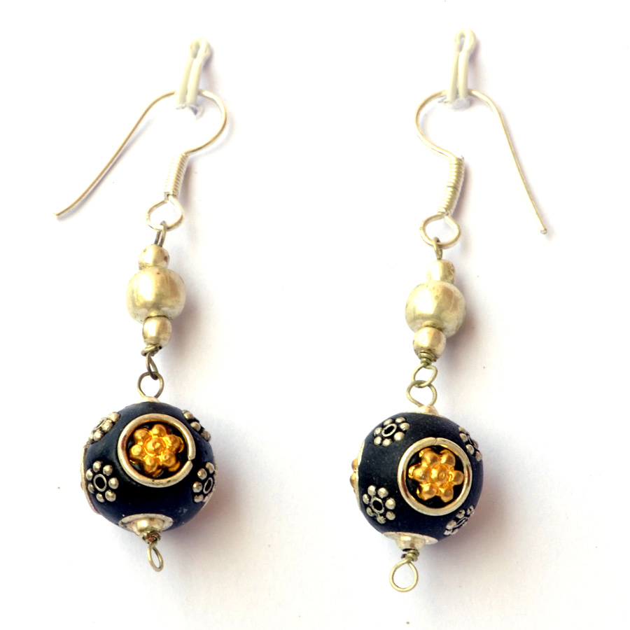 Handmade Earrings having Black Beads with Metal Rings & Flowers