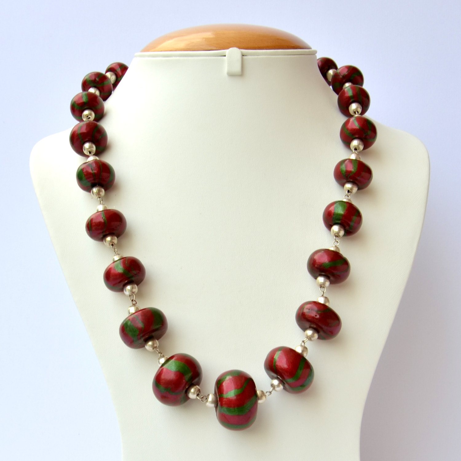 Handmade Necklace with Maroon Beads having Green Stripes Maruti Beads