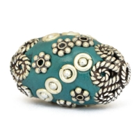 Blue Beads Studded with Metal Flowers, Metal Balls & Metal Rings