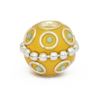 Yellow Kashmiri Beads Studded with Metal Rings, Chains & Blue Grains