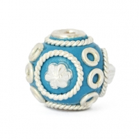 Blue Round Beads Studded with Metal Rings & Metal Flowers