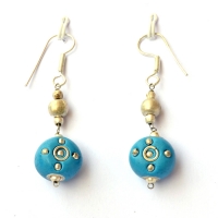 Handmade Earrings having Blue Kashmiri Beads with Metal Rings & Balls