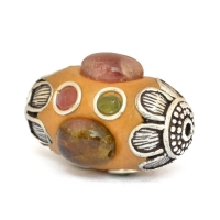 Yellow Beads Studded with Metal Rings & Tourmaline Cabochon