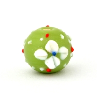 Green Round Glass Beads with White Flower Design