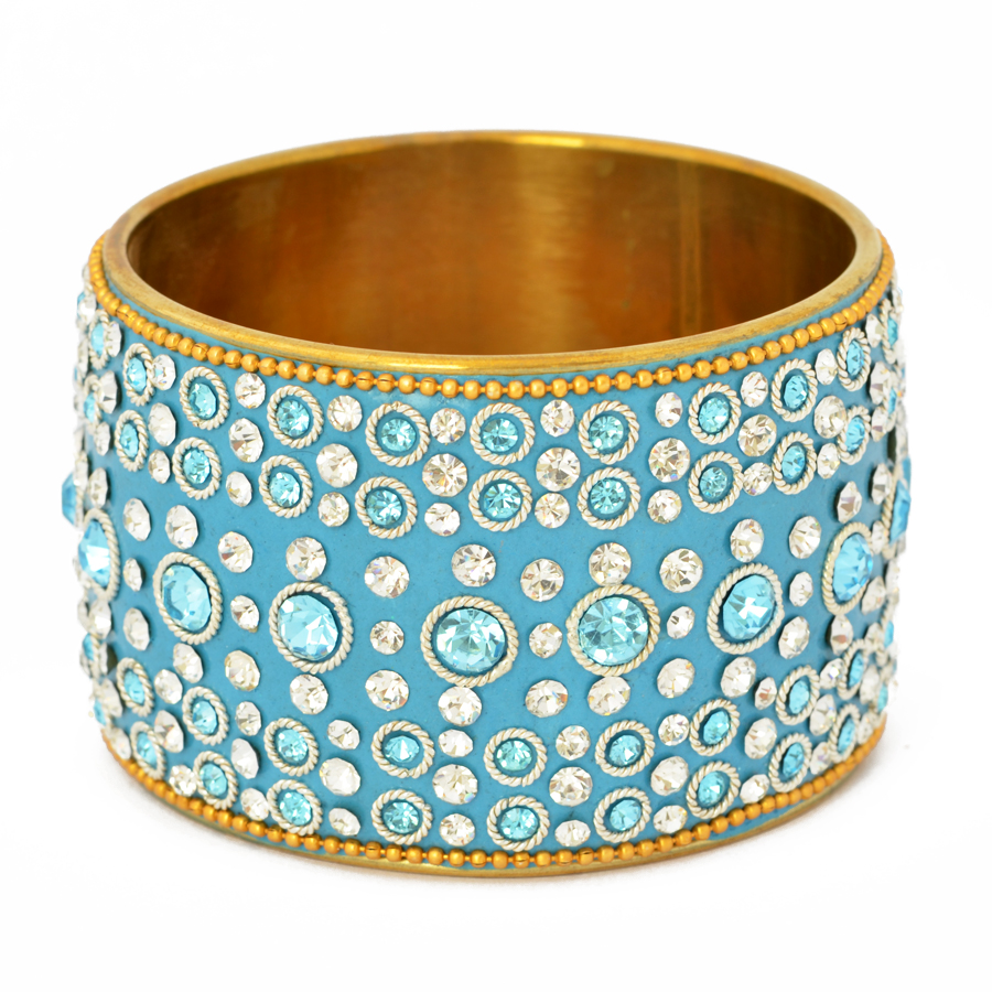 Handmade Blue Bangle Studded with White & Aqua Rhinestones | Maruti Beads