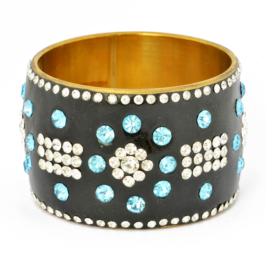 Handmade Black Bangle Studded with White & Aqua Rhinestones | Maruti Beads