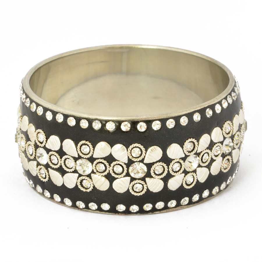 Handmade Black Bangle Studded with Metal Accessories & White ...
