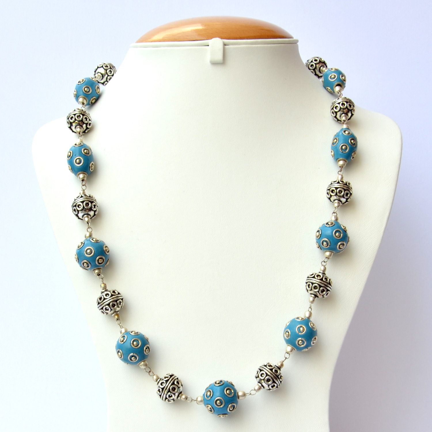 Blue Handmade Necklace Studded with Silver Plated Rings & Balls ...