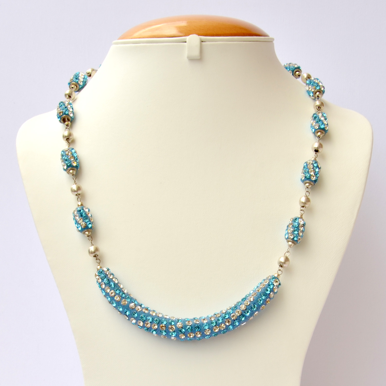 Blue Handmade Necklace Studded with White + Aqua Rhinestones | Maruti Beads