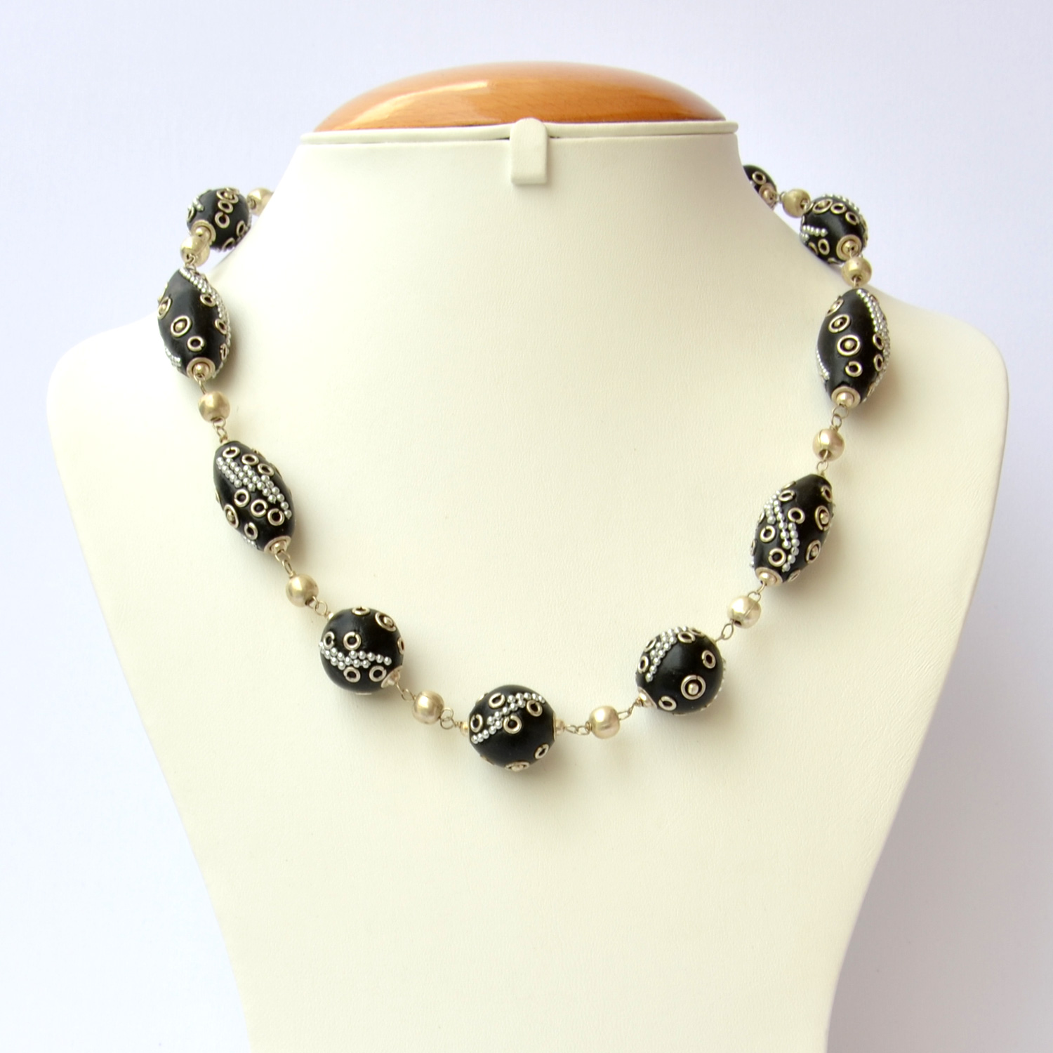 Handmade Necklace with Black Beads having Metal Chains & Rings | Maruti ...