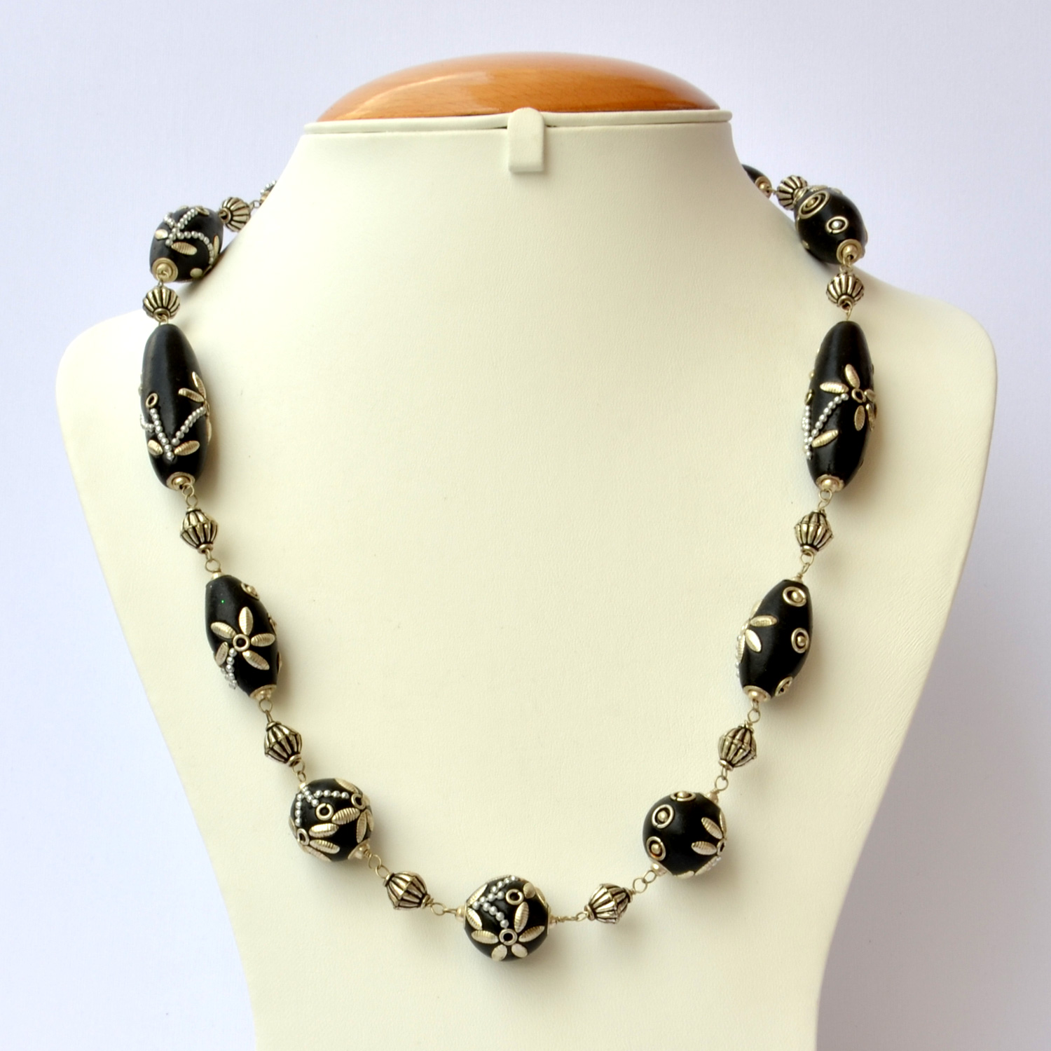 Handmade Necklace with Black Beads having Metal Accessories | Maruti Beads