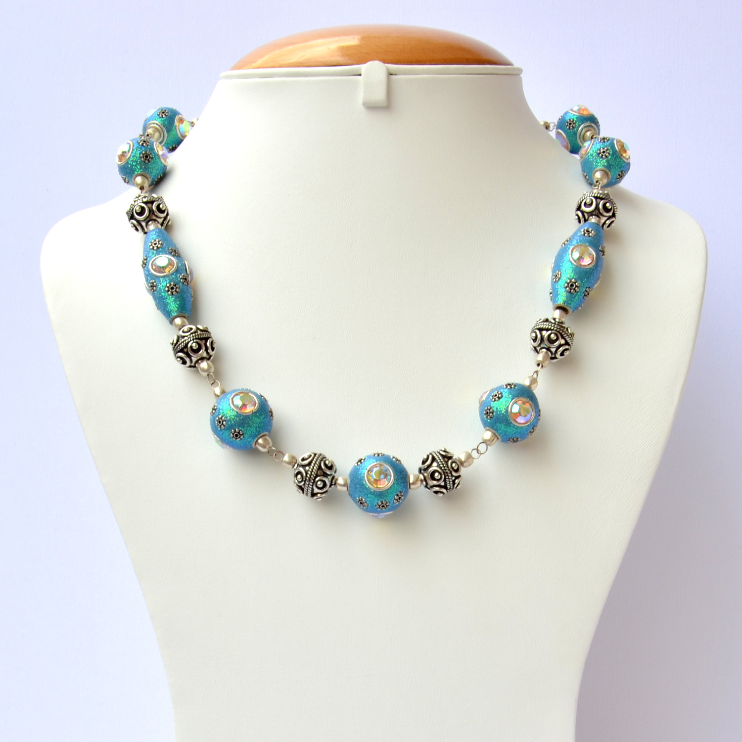 Handmade Blue Glitter Necklace Studded with Rainbow Rhinestones ...