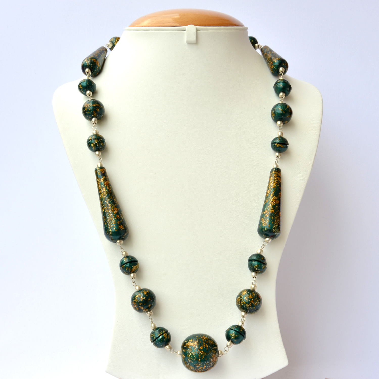 Handmade Necklace with Dark Green Beads having Golden Spots Maruti Beads