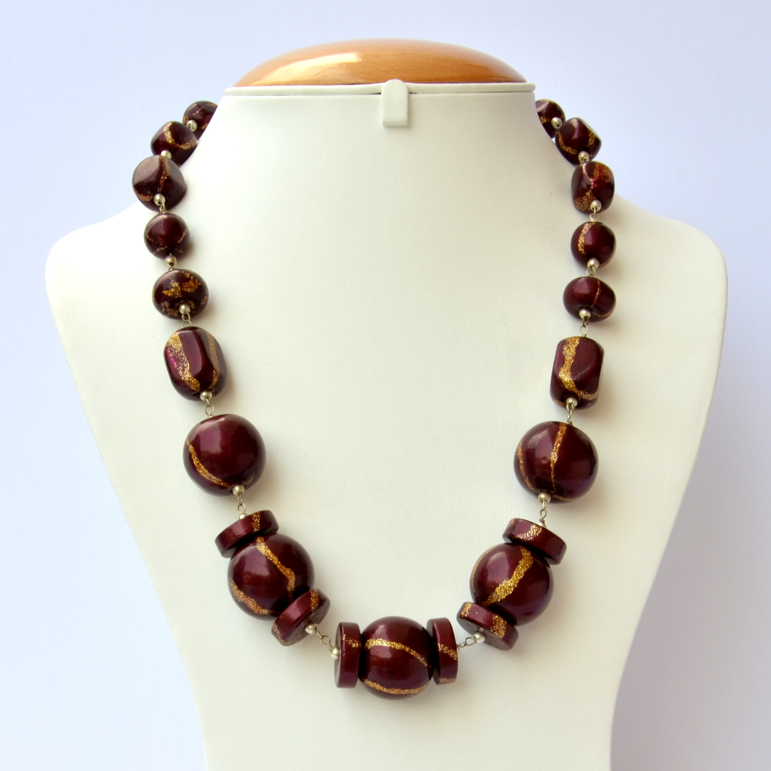 Handmade Necklace with Maroon Beads having Golden Stripes | Maruti Beads