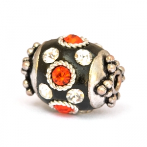 Black Beads Studded with Metal Rings, Red & White Rhinestones