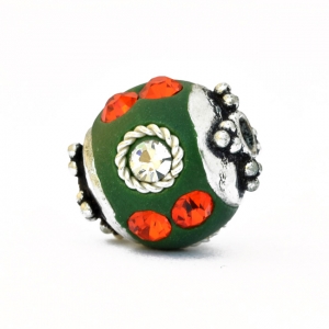 Green Beads Studded with Metal Rings, Red & White Rhinestones