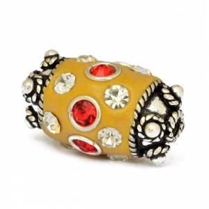 Yellow Cylindrical Beads Studded with Metal Rings & Rhinestones