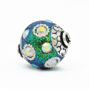 Teal Glitter Beads Studded with Metal Rings & Rainbow Rhinestones