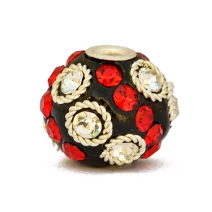 Black Beads Studded with Metal Rings & Red + White Rhinestones