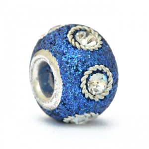 Blue Glittery Euro Style Beads Studded with Metal Rings & White Rhinestones