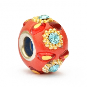 Red Euro Style Beads Studded with Rings & Blue Rhinestones
