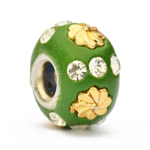 Green Euro Style Bead Studded with Rhinestones + Flowers