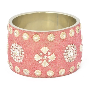 Handmade Pink Bangle Studded with Metal Flowers & Rhinestones