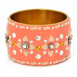 Handmade Orange Bangle Studded with Metal Accessories & Rhinestones