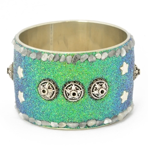 Handmade Teal Glitter Bangle Studded with Metal Accessories & Gemstones (Front View)