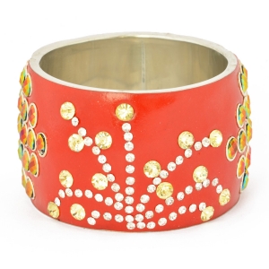 Handmade Red Bangle Studded with Rainbow Accessories & Rhinestones (Front View)