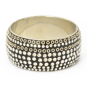 Handmade Black Bangle Studded with Metal Rings & White Rhinestones