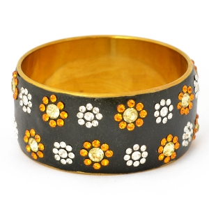 Handmade Black Bangle Studded with Gold & White Rhinestones