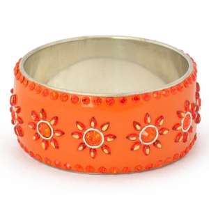 Handmade Orange Bangle Studded with Cabochons & Rhinestones