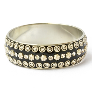 Handmade Black Bangle Studded with Metal Rings, Flowers & Rhinestones