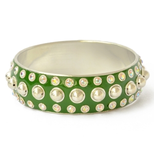 Green Kashmiri Bangle Studded with Metal Rings, Balls & Rhinestones