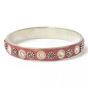 Purple Kashmiri Bangle Studded with Metal Rings, Flowers & Rhinestones