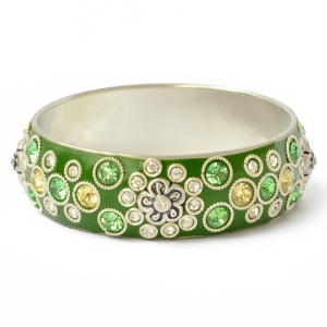 Handmade Green Bangle Studded with Metal Rings & Rhinestones (Front View)