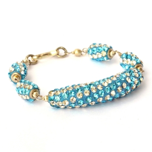 Handmade Bracelet having Blue Beads with White + Aqua Rhinestones