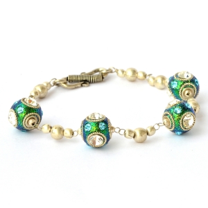 Handmade Bracelet having Teal Glitter Beads with Metal Rings & Rhinestones