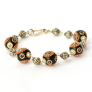 Handmade Bracelet having Black Beads with Orange Metal Chain