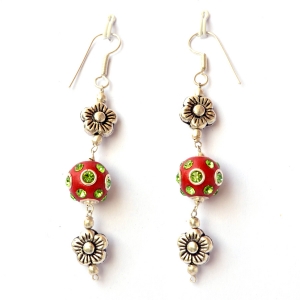 Handmade Earrings having Red Beads with Green Rhinestones