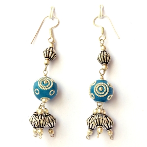 Handmade Earrings having Blue Beads with Metal Rings & Balls