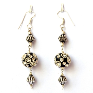 Handmade Earrings having Black Beads with Metal Rings & Rhinestones