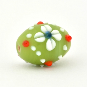 Barrel Shaped Green Glass Beads with White Flower Design