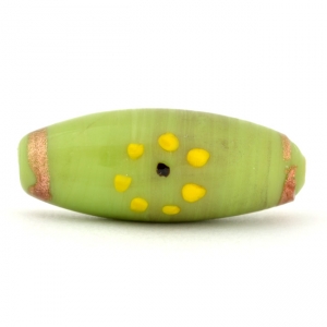 Barrel Shaped Green Glass Beads with Black & Yellow Dots