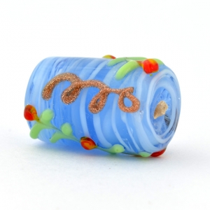 Blue Cylindrical Glass Beads with Embossed Red Flowers & Leafs