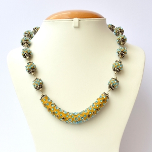 Handmade Yellow Necklace Studded with Metal Flowers & Rhinestones