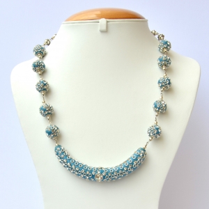 Blue Handmade Necklace Studded with Metal Rings & Rhinestones