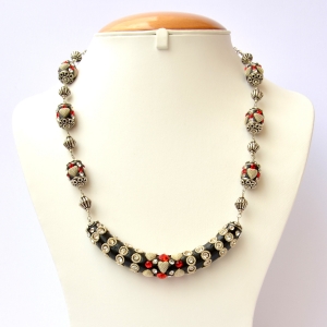 Black Handmade Necklace Studded with White + Red Rhinestones