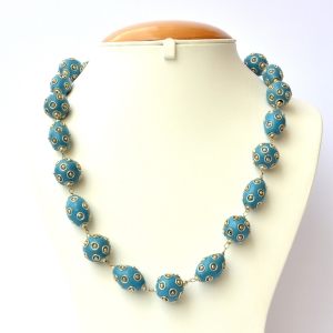 Handmade Necklace having Blue Beads with Metal Rings & Balls